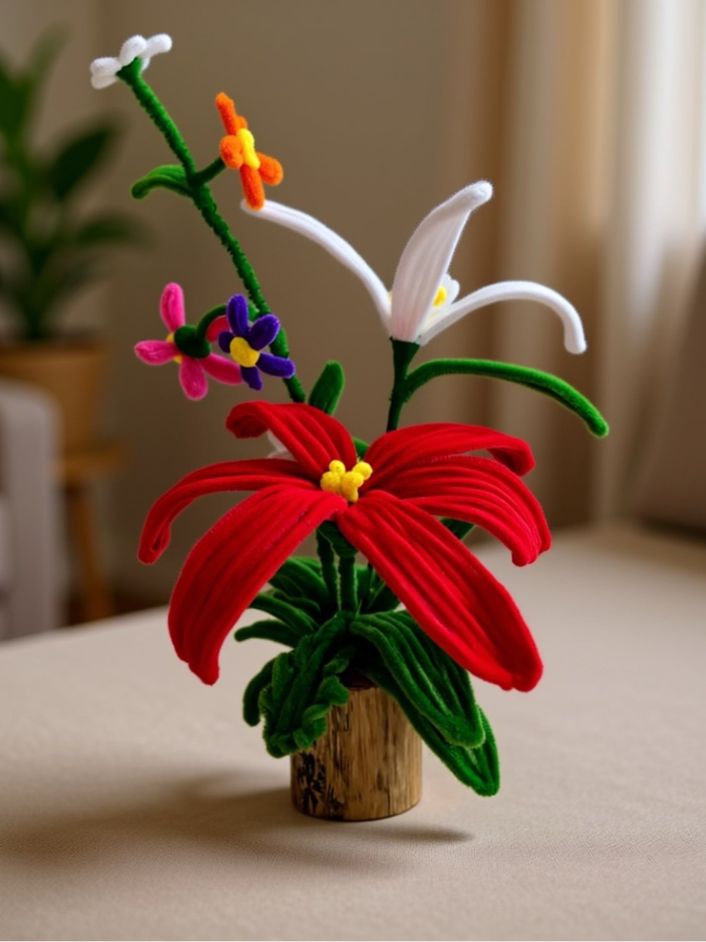 Handcrafted Red & White Felt Flower Arrangement - Decorative Home Accent